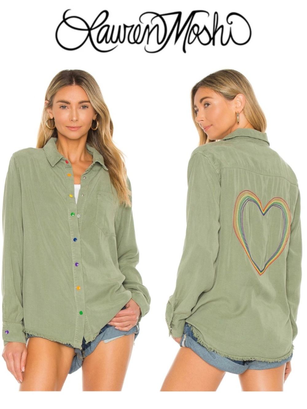 Lauren Moshi Pilar Embroidered Rainbow Heart Stitched Snap Down Shirt